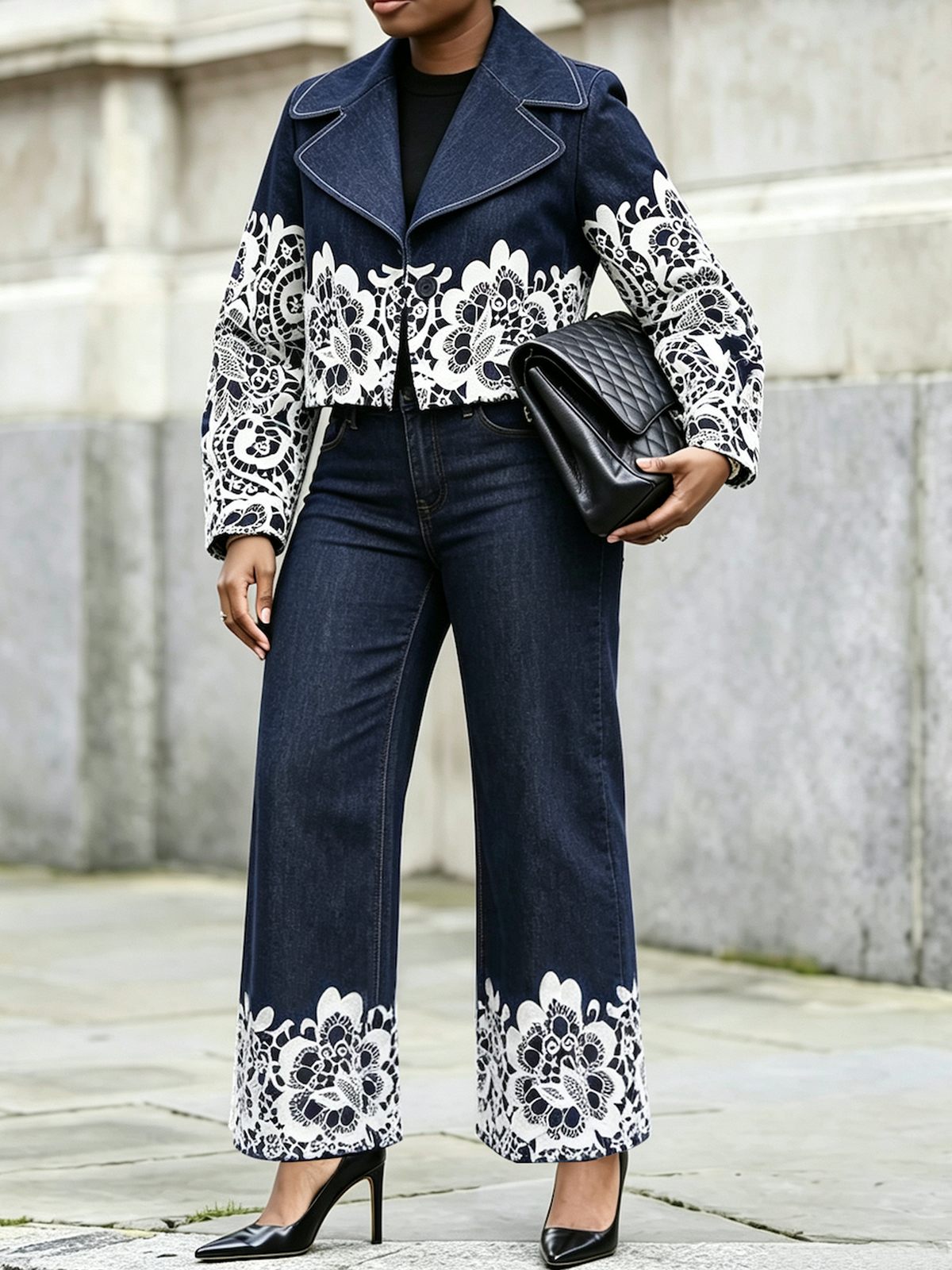 Chic Lace-print Jeans