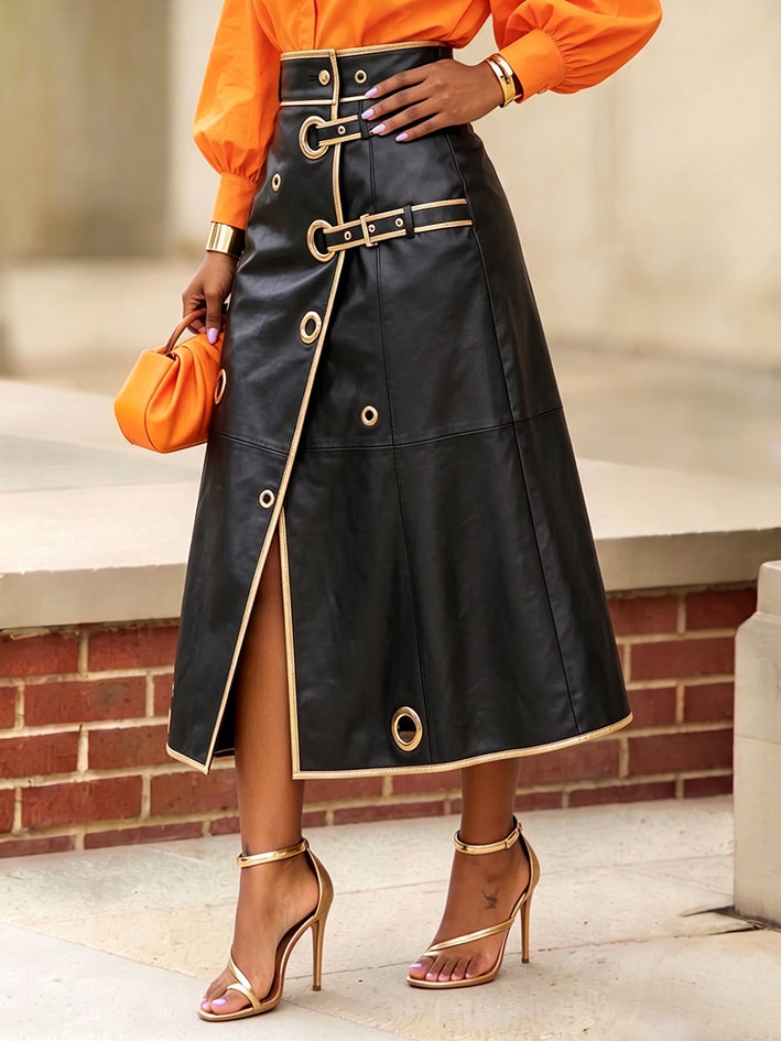 Trendy And Edgy Metallic Gold Grommets Pu Skirt