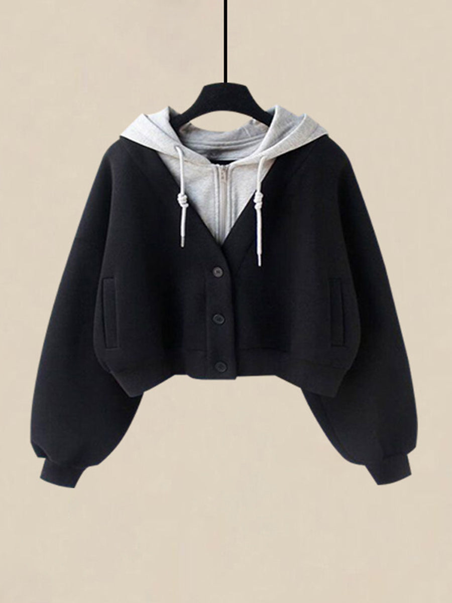 Casual Color-block Faux-layered Hooded Sweatshirt