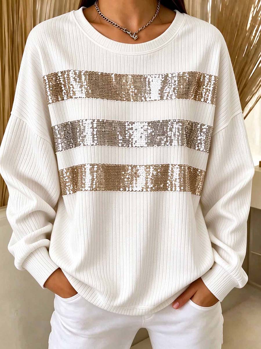 Women's Casual Crewneck Ribbed Top With Sequin Stripes