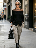 Elegant Sheer Mesh Neckline Black Ribbed Off-shoulder Sweater