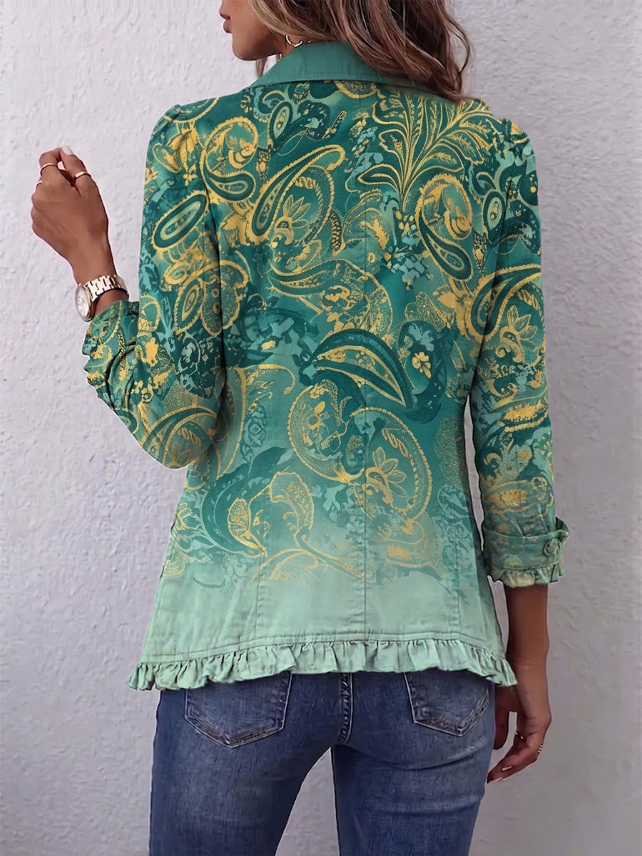 Bohemian-style Vintage Paisley Print Ruffled Jacket