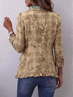 Boho-style Vintage Plaid And Foliage-print Ruffled Jacket
