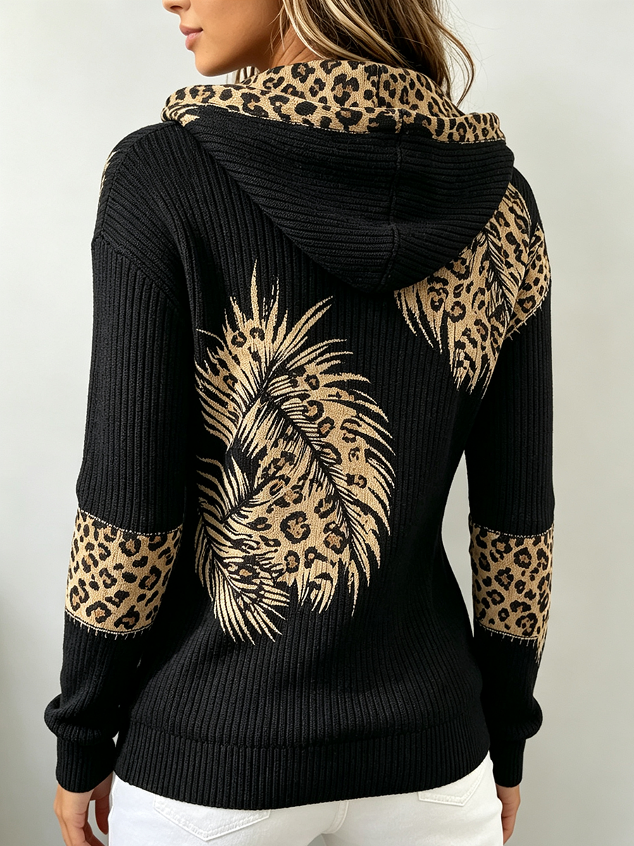 Casual Stretchy Bold Leopard & Feather Hoodie Top