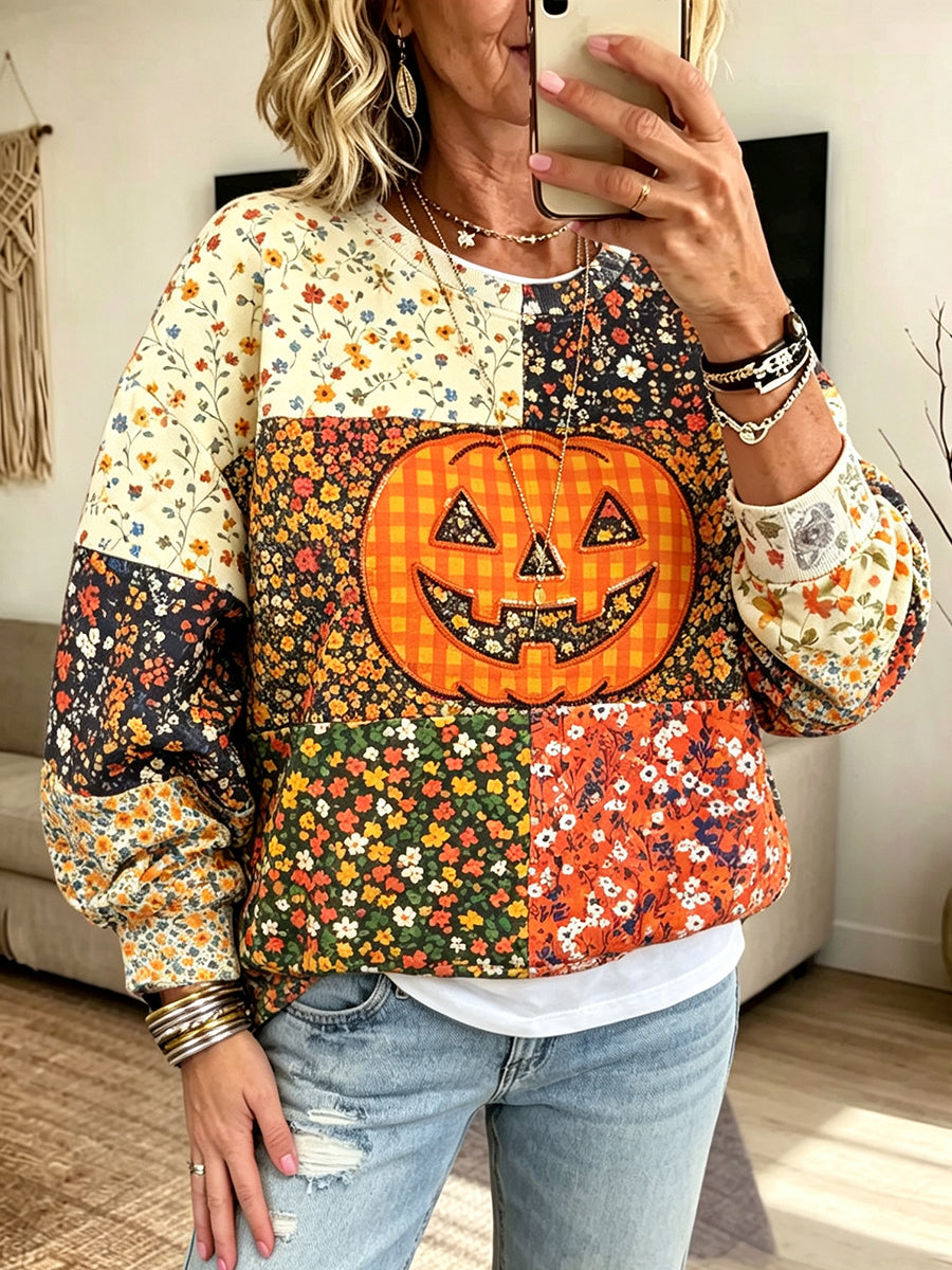 Halloween Floral Pumpkin Patchwork Crewneck Sweatshirt