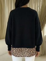 Comfortable And Casual Knit Top With Leopard-print Chiffon Paneling
