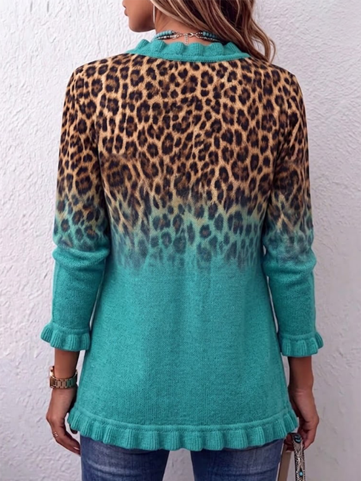 Western Bold Leopard Print Ombre Ruffle Knit Cardigan Jacket