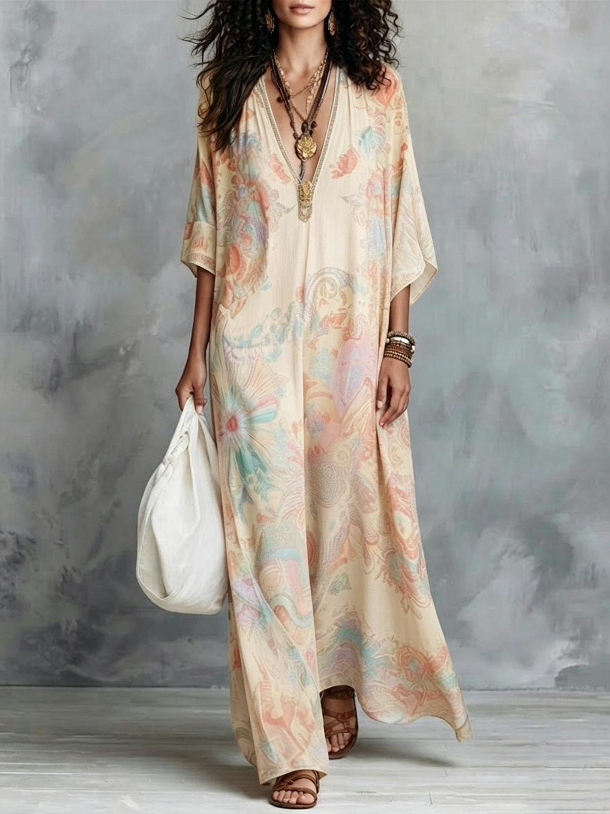 Boho Vintage Print V-neck Oversized Batwing Sleeve Vacation Kaftan Maxi Dress