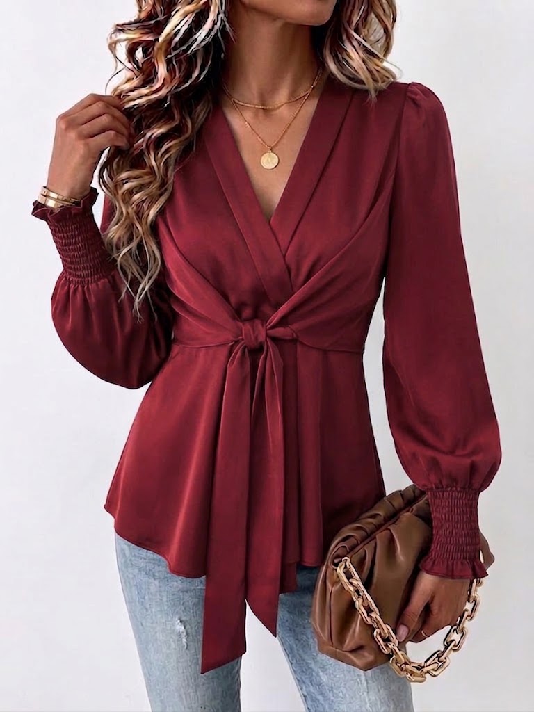 Elegant Solid-color Shirt With V-neck, Tie-waist, And Fitted Silhouette