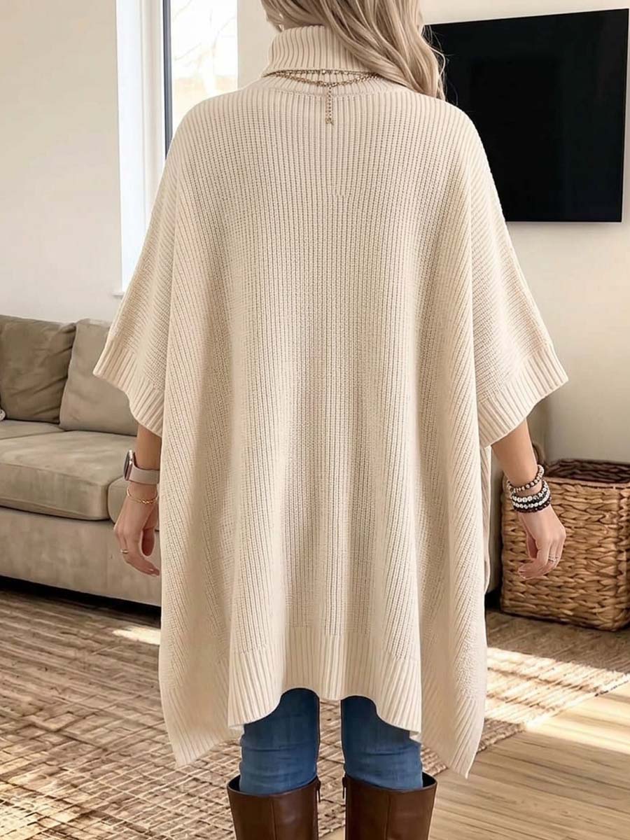 Women's Solid Color High-neck 3/4 Sleeve Casual Loose Knit Top (high-low Hem)