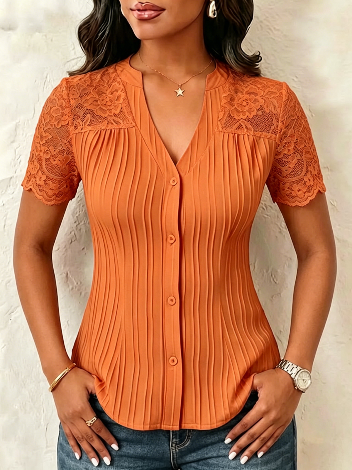 V-neck Vertical Pleat Lace Splice Fitted Short Sleeve Blouse