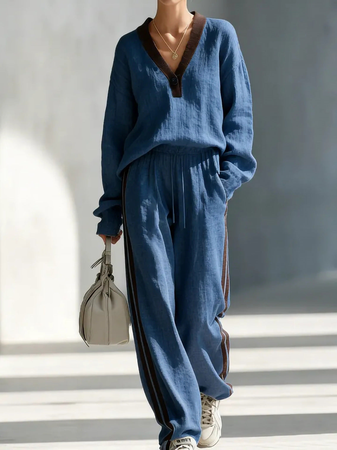 Casual Color-block Linen-cotton Top And Trousers Two-piece Set