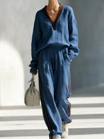 Casual Color-block Linen-cotton Top And Trousers Two-piece Set