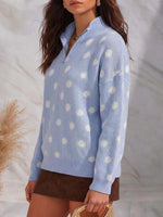Women's Collared Long-sleeve Casual Loose Polka-dot Knit Pullover
