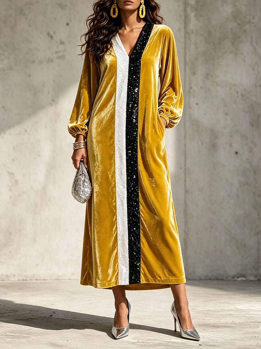 Elegant Sequin-paneled Velvet Maxi Dress