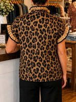 Women's Leopard Print Collared Short-sleeve Casual Loose Cotton Linen Cardigan