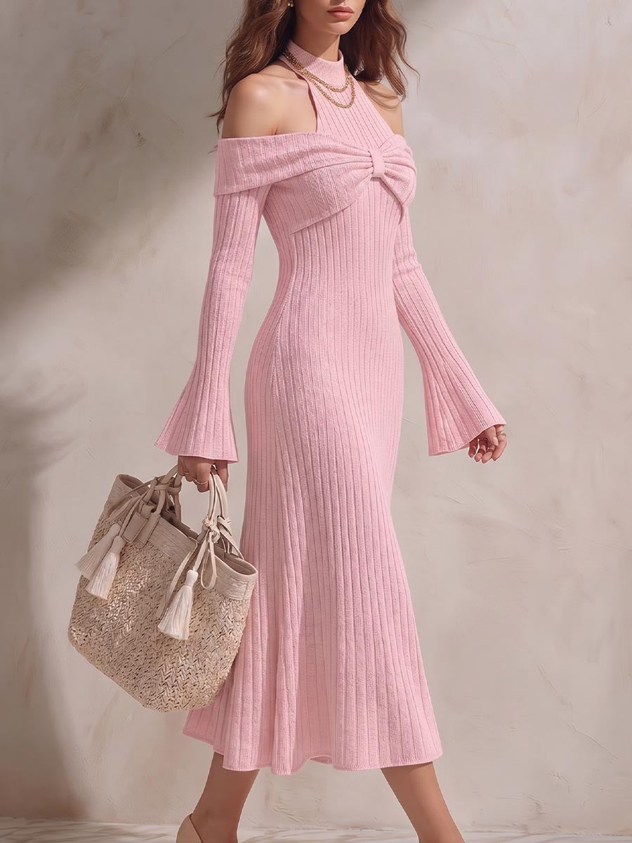 Women's Solid Color Stand-collar Off-shoulder Long-sleeve Casual Loose Knit A-line Dress