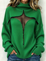Stylish Oversized High-neck Knit Top Featuring Cut-out Mesh Paneling.
