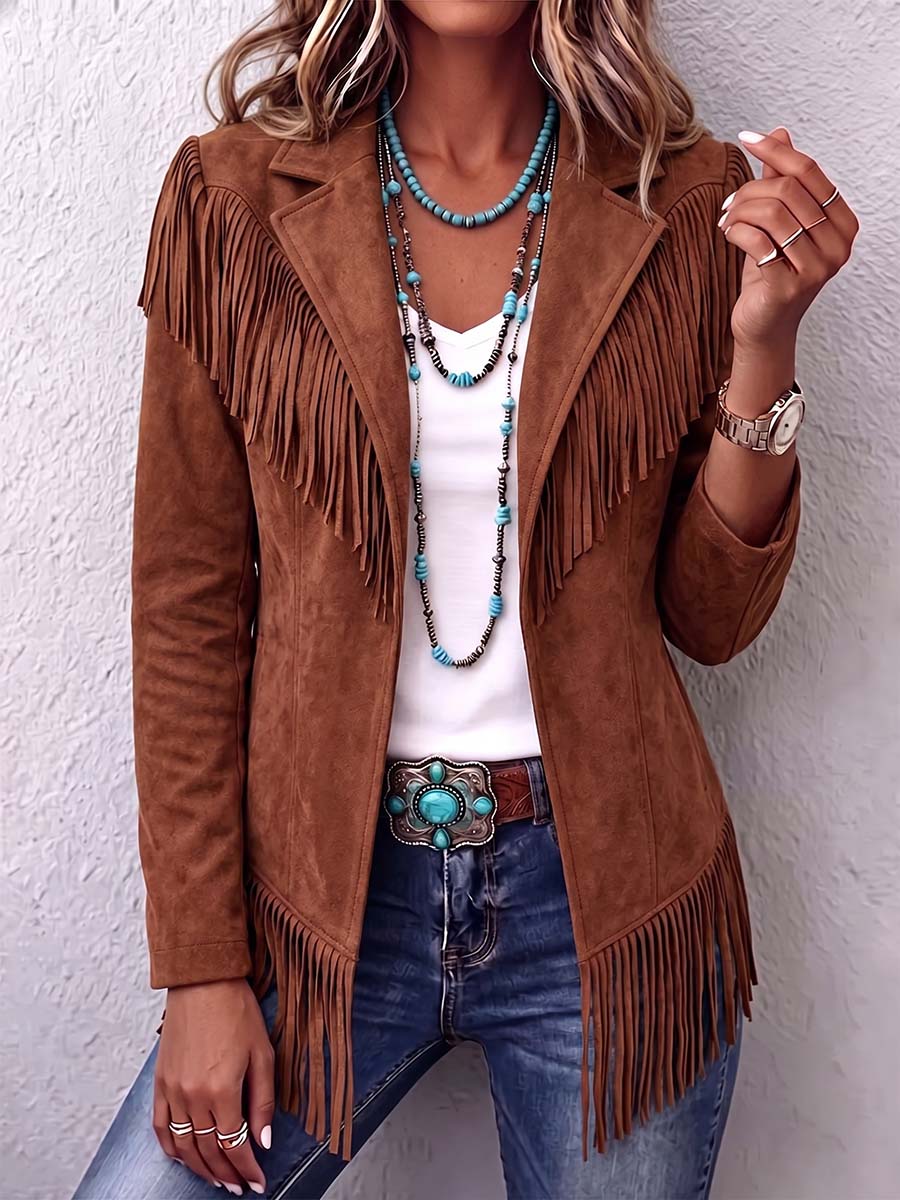 Women's Solid Color Lapel Long-sleeved Casual Loose Tassel Jacket