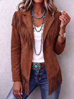 Women's Solid Color Lapel Long-sleeved Casual Loose Tassel Jacket
