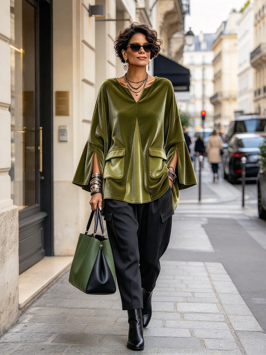 Elegant V-neck Olive Velvet Tunic Top