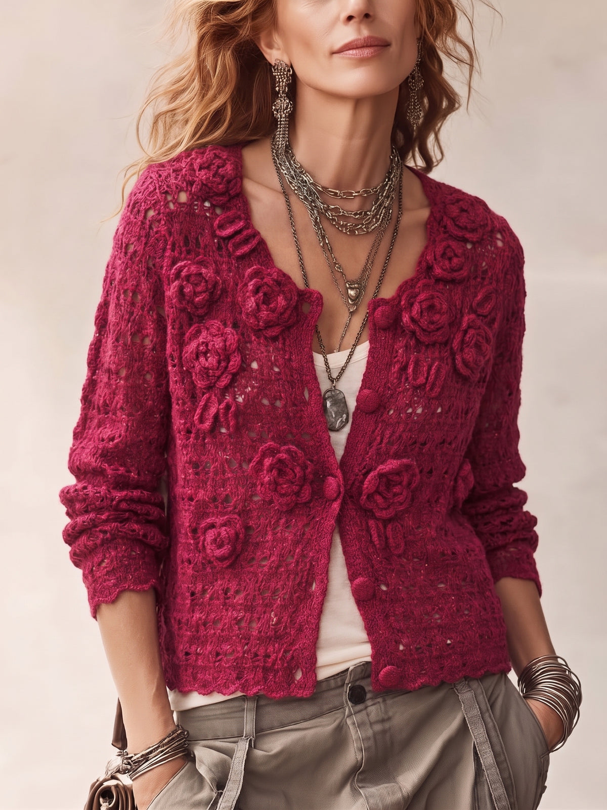 Stylish And Exquisite 3d Floral Crochet Knit Cardigan