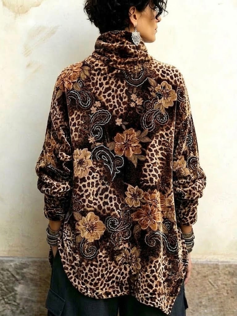 Leopard And Floral Print Velvet Asymmetric Button-front High-neck Top