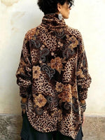 Leopard And Floral Print Velvet Asymmetric Button-front High-neck Top