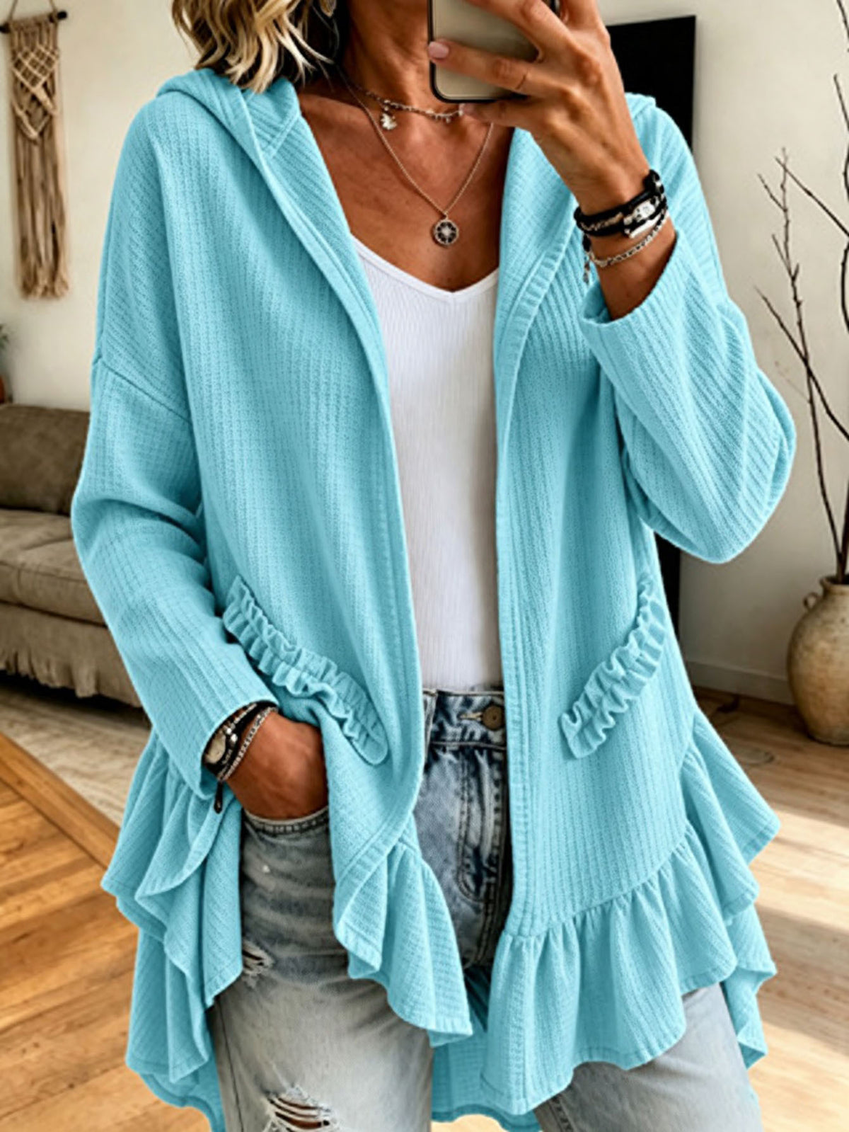Casual Ruffled Long-sleeve Hooded Cape Jacket