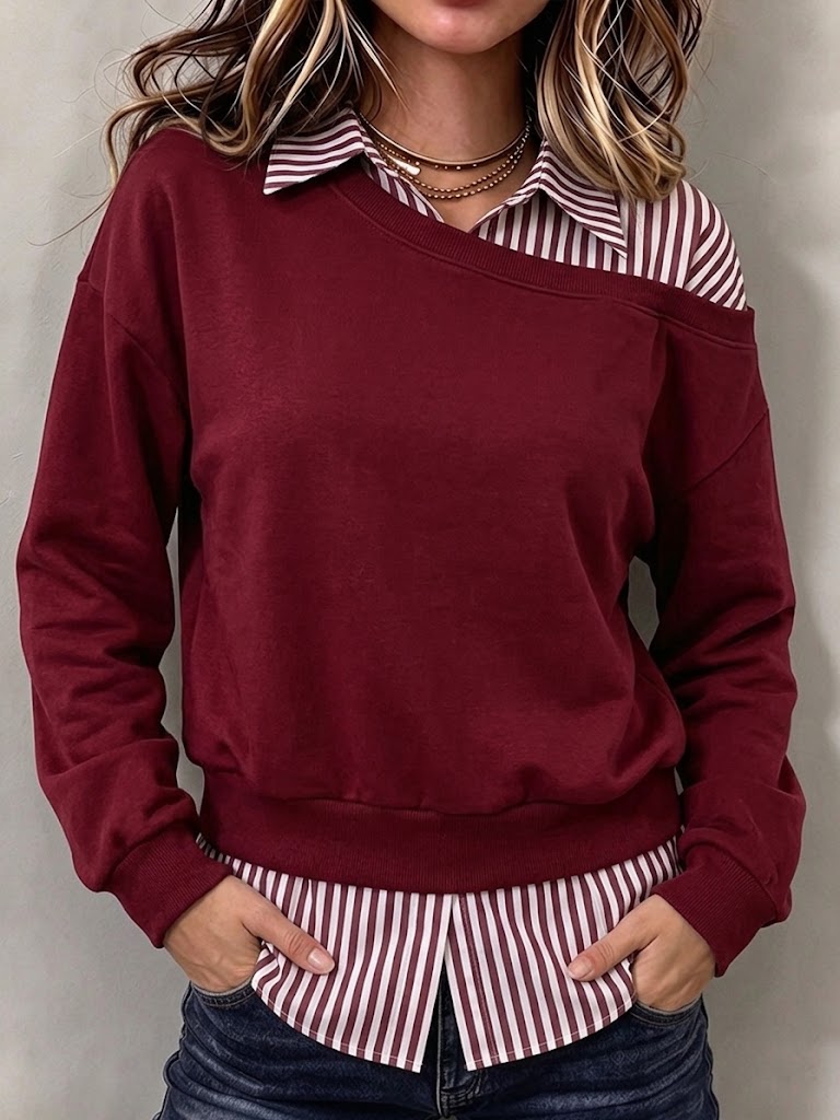 Casual Striped-panel Cotton Sweatshirt (faux-layered Style)