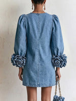 Stylish Denim Dress With 3d Floral Cuffs