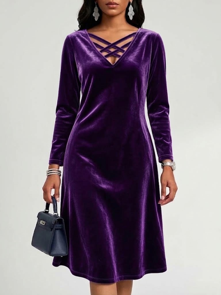 V-neck Crisscross Strap Velvet Long Sleeve Dress