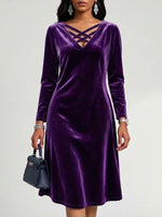 V-neck Crisscross Strap Velvet Long Sleeve Dress