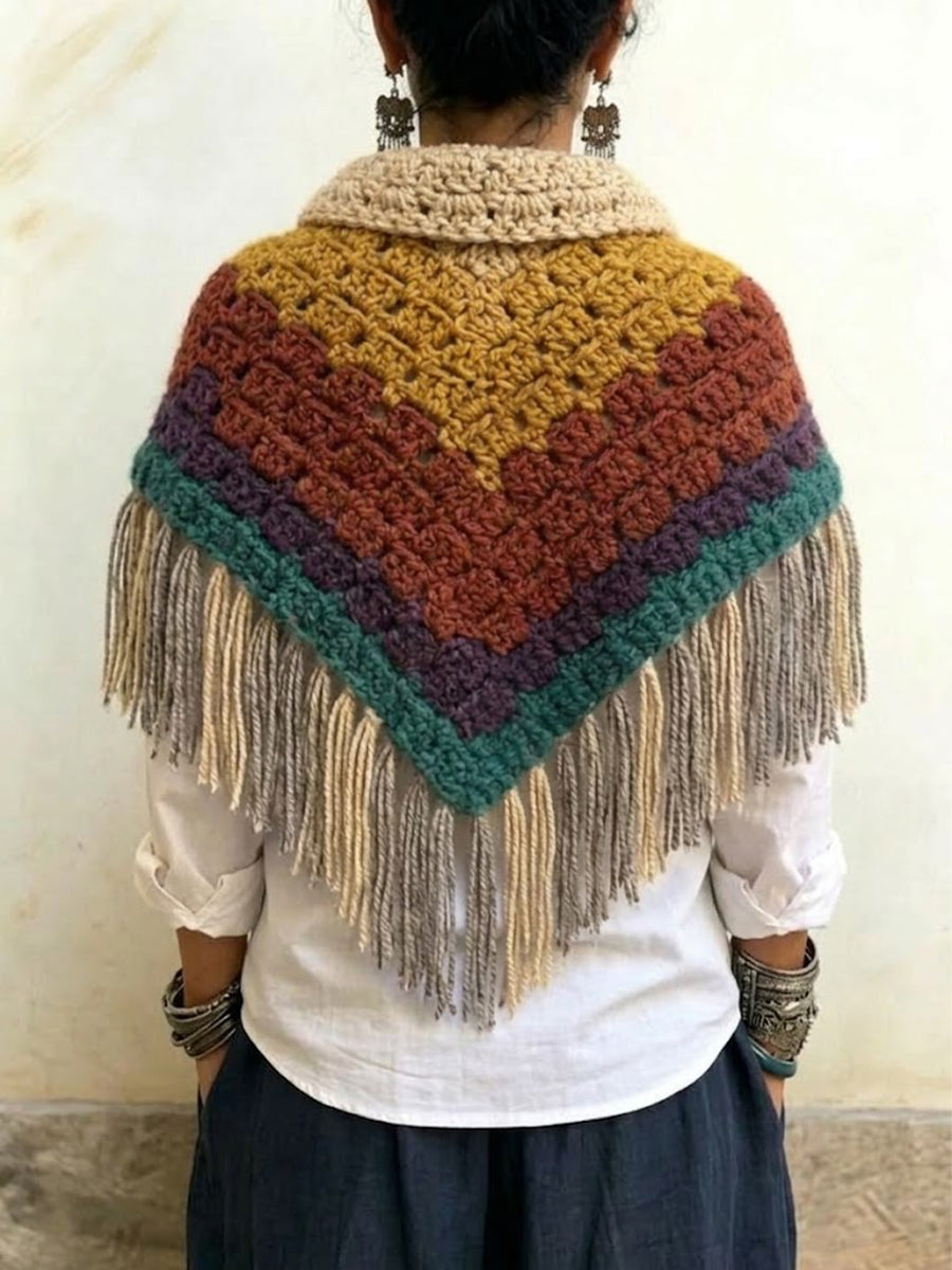 Retro Color-block Crochet Triangle Shawl With Tassels