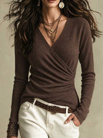 Women's Ribbed Knit Faux Wrap V-neck Ruched Long Sleeve Top