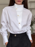 Elegant Professional Chic High Collar White Long-sleeve Shirt