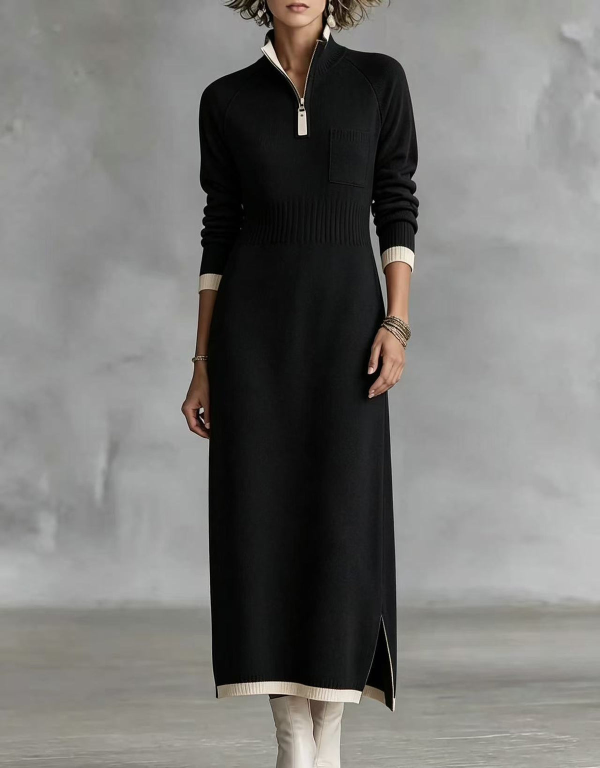 Chic Color-block Trim Quarter-zip Knit Midi Dress