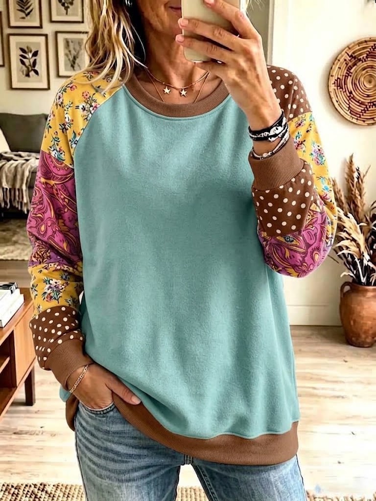 Boho Color-block Floral Paisley Polka Dot Raglan Crewneck Sweatshirt Jacket