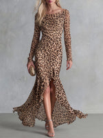 Women's Leopard Print Stacked Neck Long Sleeve Casual Loose Chiffon Dress