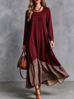 Women's Long Sleeve Black Maxi Dress With Leopard Print Ruffle Hem.