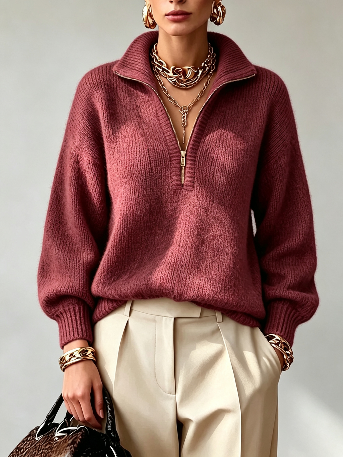 Half Zip Collar Relaxed Knit Sweater