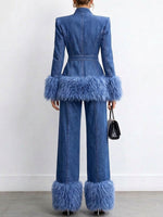 Women's Wide Leg Denim Pants With Faux Fur Hem