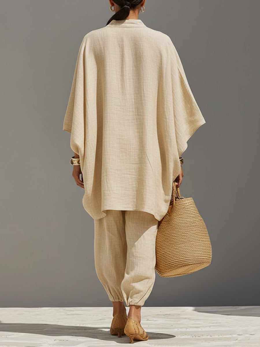 Women's Solid Color V-neck Long Sleeve Casual Loose Cotton Linen Top With Elastic Waist And Wide-leg Pants Set