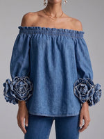 Stylish Off-shoulder Denim Top With 3d Floral Details