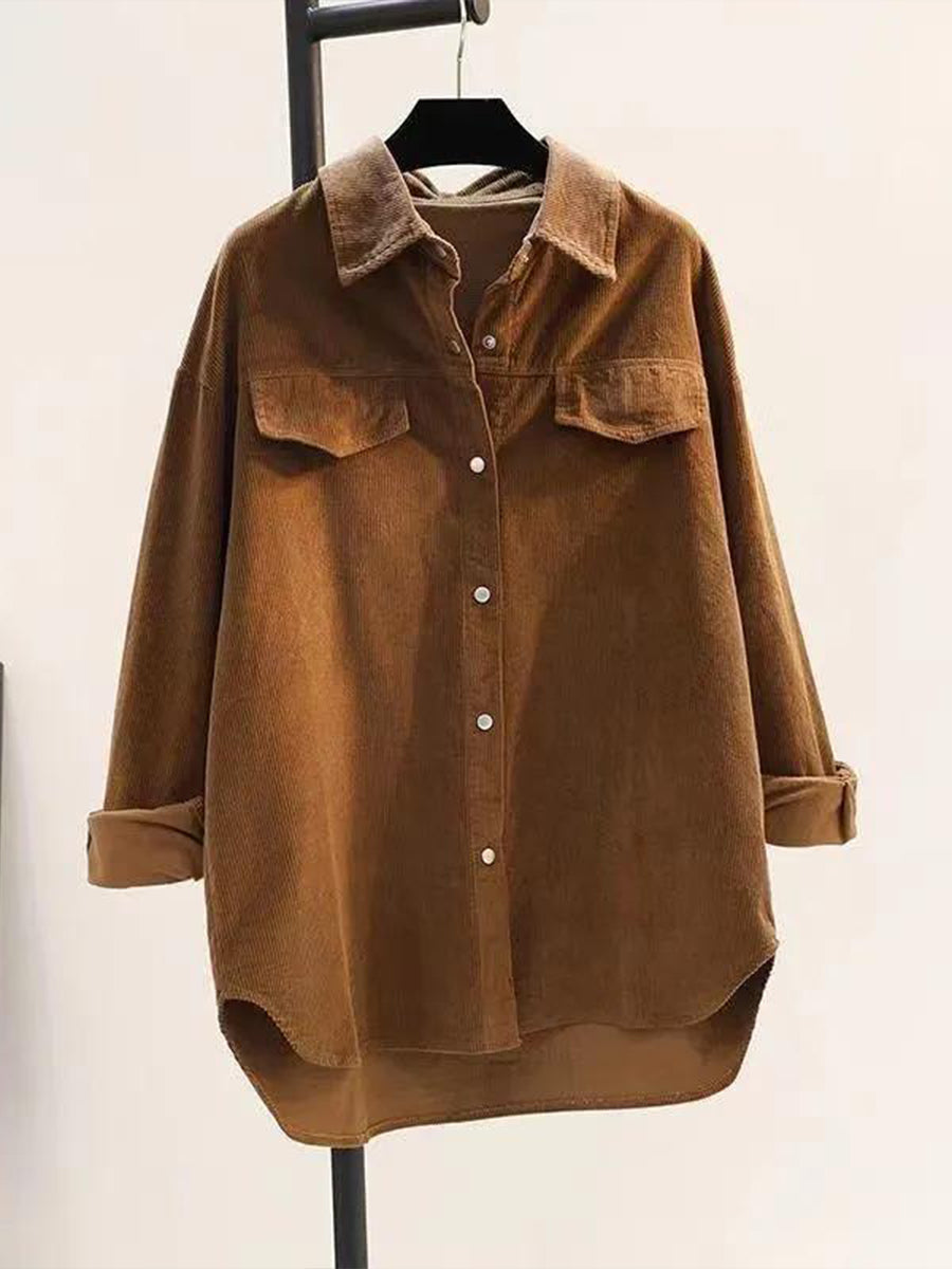 Casual Loose-fit Green Corduroy Shirt
