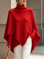 Women's Solid-Color High-Neck Long-Sleeve Loose-Fit Cape-Style Knit Top