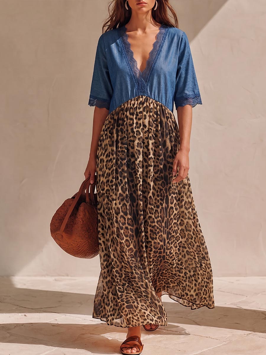 Women's V-neck Short-sleeved Casual Loose Denim Patchwork Chiffon Leopard Print Dress