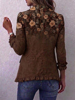 Women's Retro-style Printed Collared Long-sleeved Casual Loose Cotton Cardigan