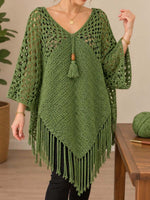 Women's Crochet V-neck Fringed Poncho Top