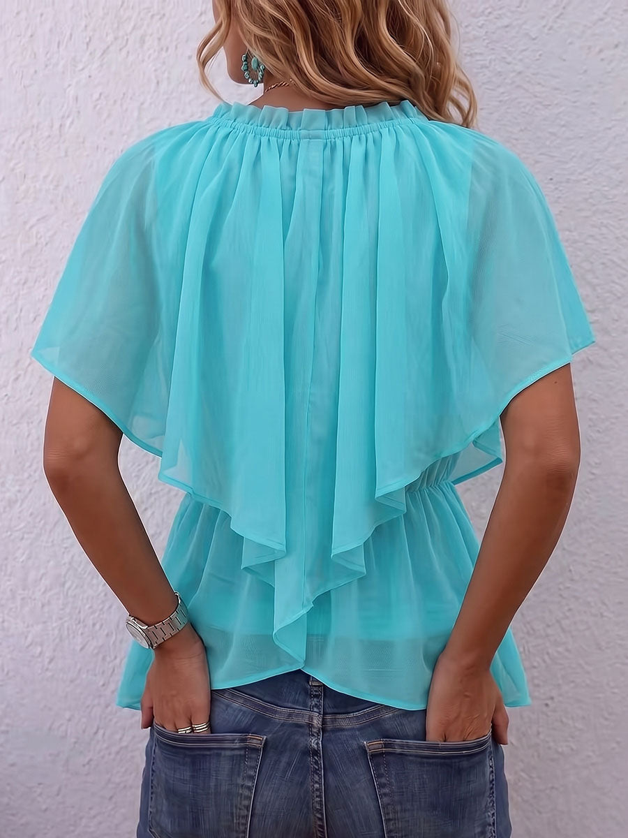 Women's Solid Color V-neck Short-sleeved Casual Loose Chiffon Top